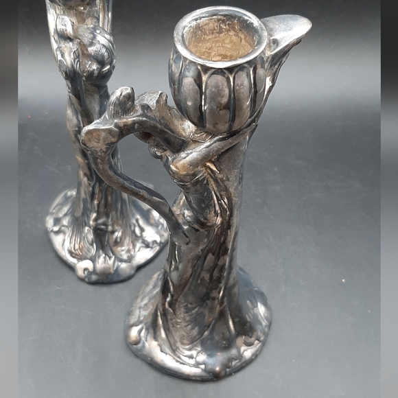 2 Antique Art Nouveau Silver Plate Figural Lady Candlesticks SIMPSON HALL MILLER - Picture 7 of 9